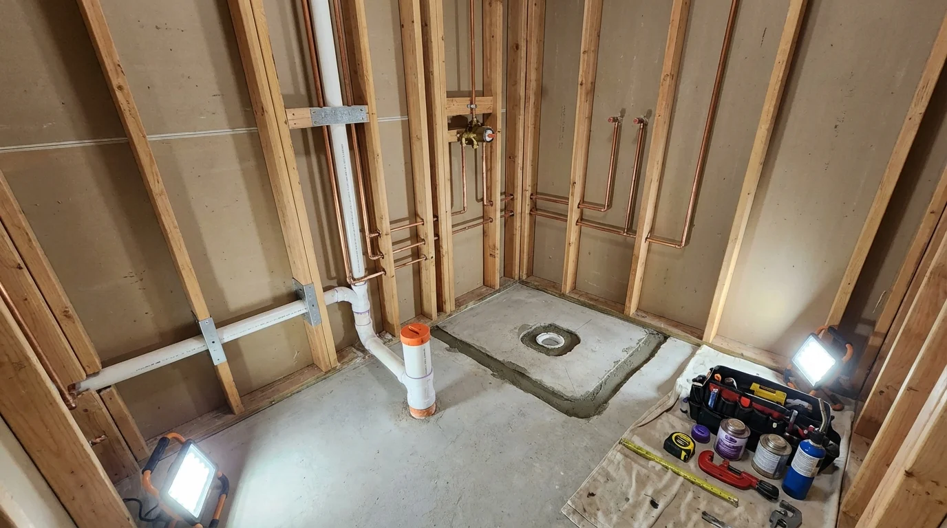 Bathroom rough-in plumbing during remodel by Johns Plumbing LLC in Eatontown