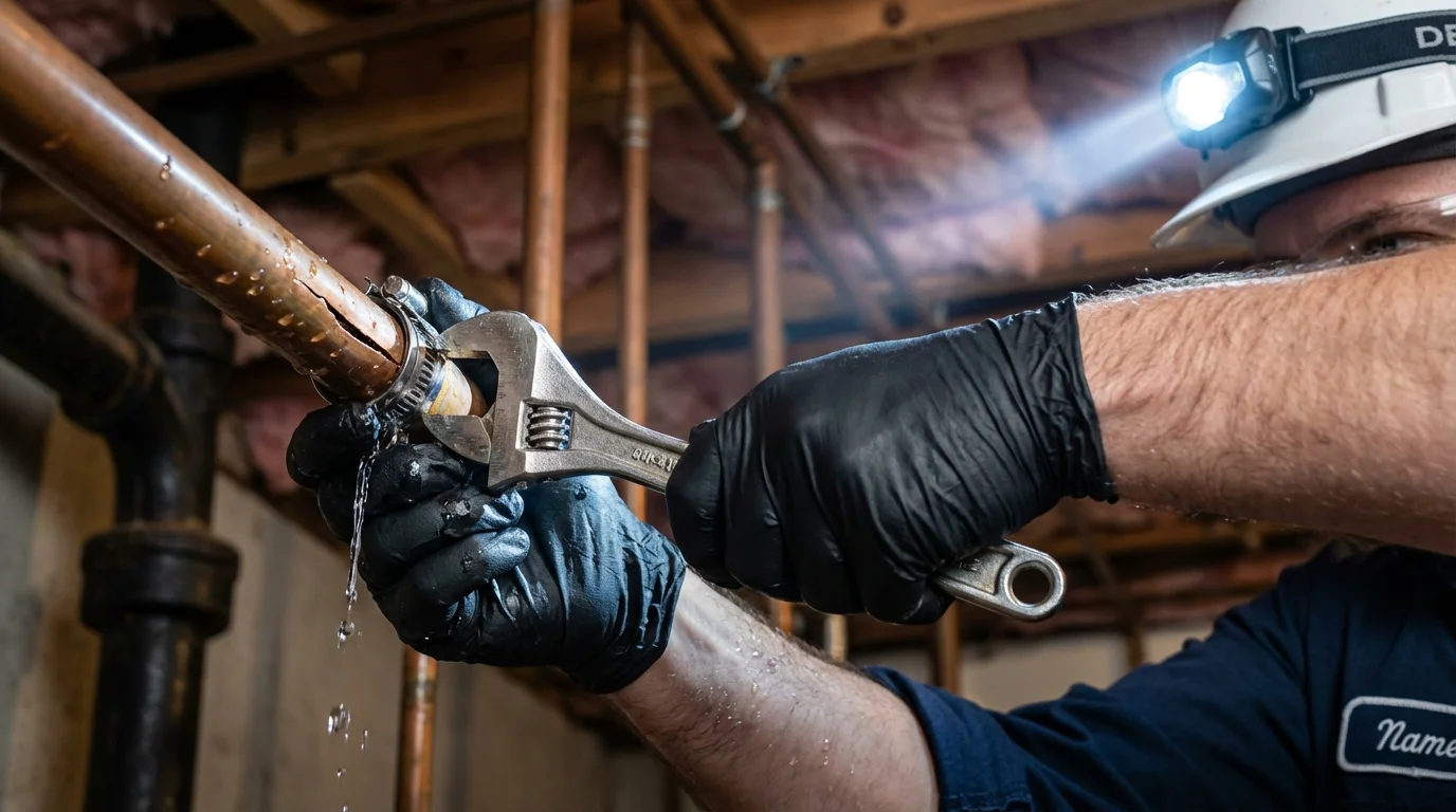Emergency pipe clamp repair being performed by a Johns Plumbing LLC plumber in Eatontown