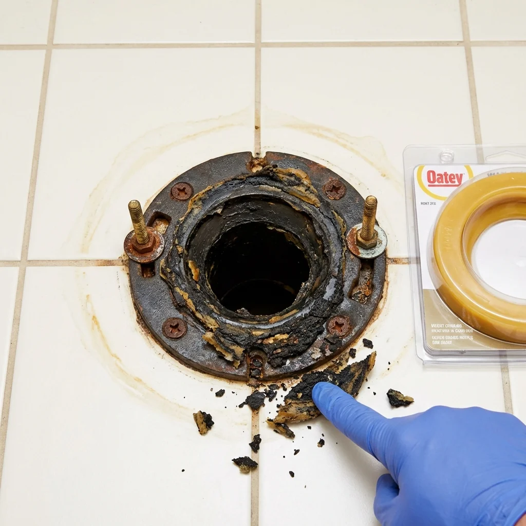 Failed wax ring showing water seepage at the base of a toilet in a Eatontown, NJ home