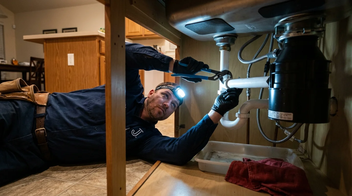 P-trap and supply line connections under a kitchen sink showing a common leak point in Eatontown, NJ